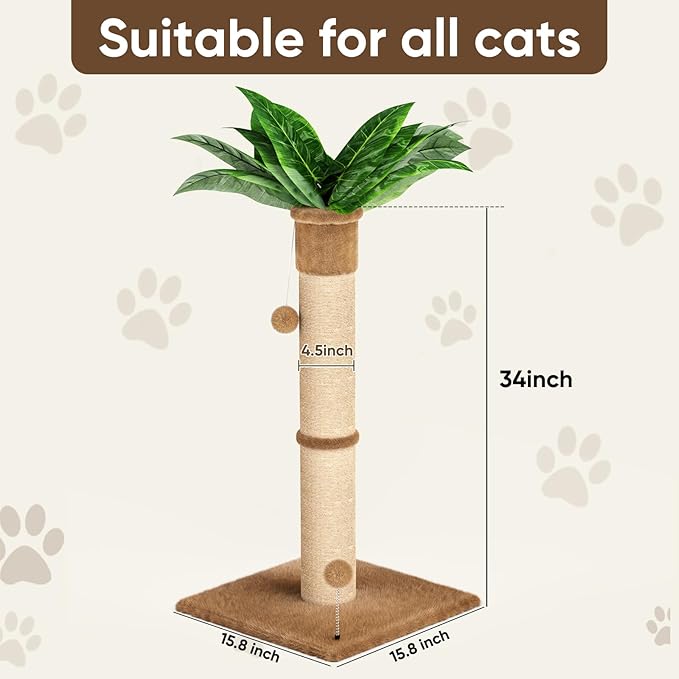 XiaZ Cat Scratching Post 34 Inches Tall, Cat Tower Scratcher Extra Wide 15.8" Stable Base with 4 Non-Slip Pads, 2 Interactive Toy Balls, Natural Sisal & Plush Fabric for Any Cats (Brown, 4.5in)