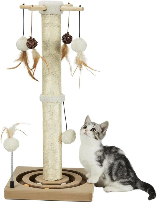 PEEKAB Cat Scratching Post Sisal Scratch Posts for Indoor Cats and Kittens with Tracking Ball Interactive Toys and Hanging Balls 25 Inches Beige