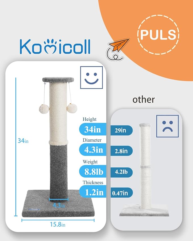34-Inch Tall Cat Scratching Post for Indoor Cats, Komicoll Large Carpet Scratch Post, Sisal Cat Scratcher, Sturdy and Durable Cat Post with Hanging Ball