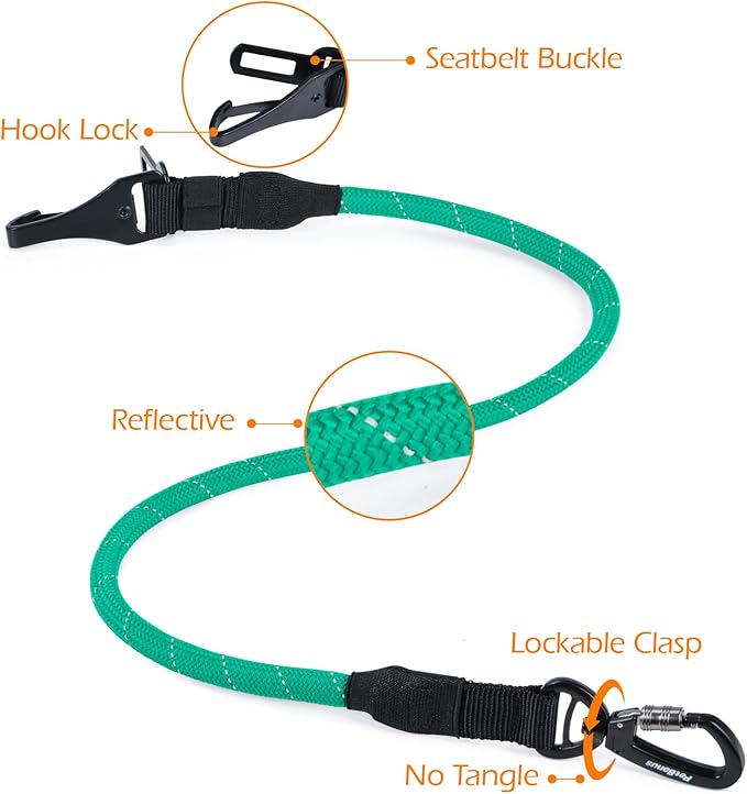PetBonus Dog Seat Belt for Car, Durable Rope Dog Car Harness Seatbelt for Vehicle, Pet Tether Safety Restraint with Heavy Duty Buckle Hook Latch Lockable Clip for Small Medium Large Breeds (Turquoise)