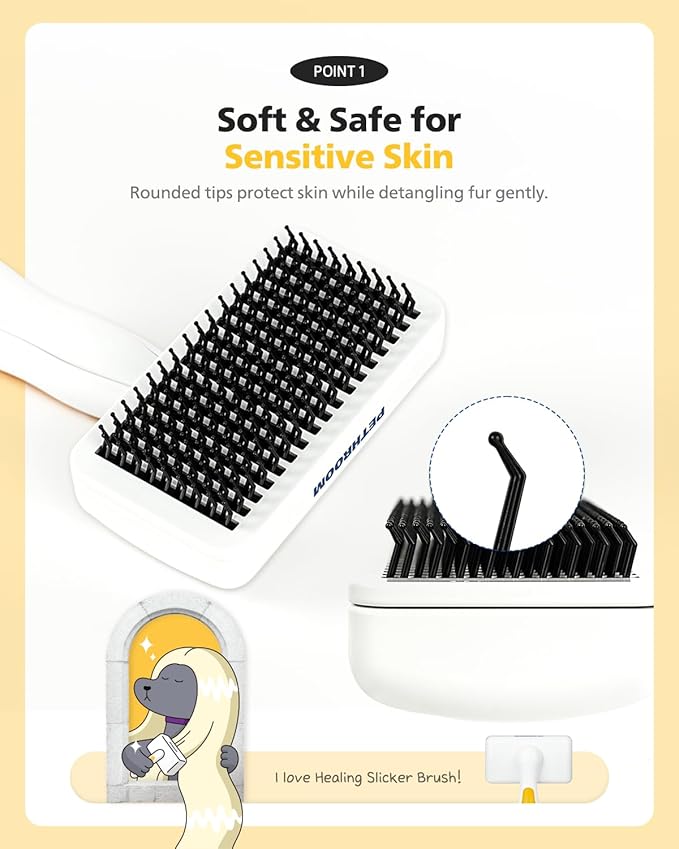 PETHROOM] Pet Healing Slicker Brush with One-Touch Clean Button | Gentle Grooming Brush for Dogs & Cats | Removes Shedding, Mats & Tangles with Coated Tips, White & Yellow