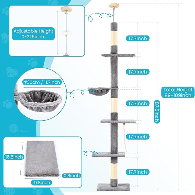 Cat Tree 5-Tier Floor to Ceiling, Cat Climbing Tree for Indoor Cats, 89-109 Inch Adjustable Height Cat Tower with Cozy Hammock, Grey