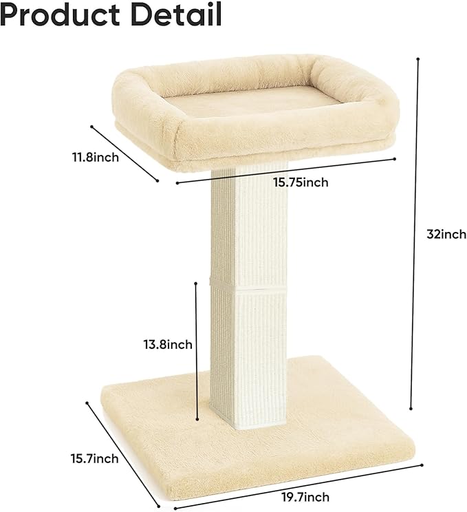 AGYM Cat Scratching Post, 32”Cat Scratcher with Large Plush Perch, Sisal & Carpet Scratching Post, Vertical Posts with Elevated Bed for Indoor Cats, Removable& Washable Cover, Beige