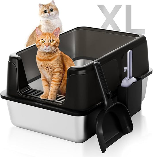 High Sides Odor Free No Sticky Extra Large Steel Cat Litter Box with Scoop, Tall Wall No Smell 24"X16"X13" Stainless Metal Kitty Litterbox, Black