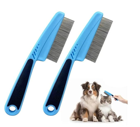 2-Pack Upgrade Fine Tooth Flea Comb for Dogs & Cats, Stainless Steel Pet Hair Removal and Massage Brush - Multifunctional Cleaning Comb for Pets(Blue)