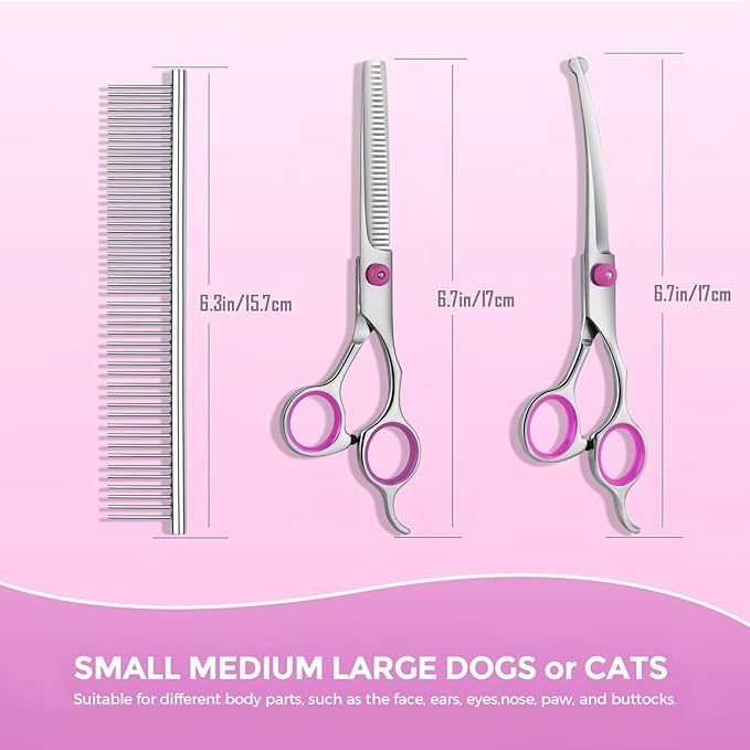Maxshop Dog Grooming Scissors with Safety Round Tips, Heavy Duty Titanium Pet Grooming Trimmer Kit, Professional Thinning Shears, Curved Scissors with Comb for Dogs and Cats (Pink Set of 3)