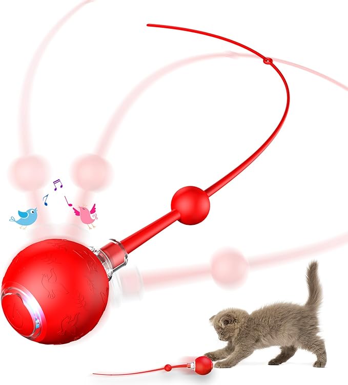 Interactive Cat & Dog Toys for Indoor Pets, Automatic Electric Self Rotating Ball with Chirping Sound, Motion Activated Long Tail - Smart Spinning Ball for Fun Exercise, Cats and Dogs Play, Red