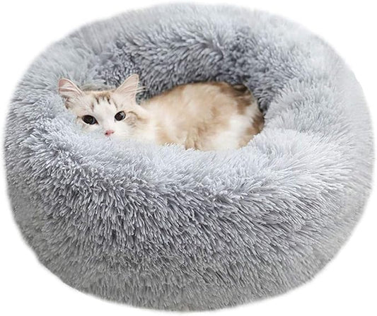 BODISEINT Modern Soft Plush Round Pet Bed for Cats or Small Dogs, Mini Medium Sized Dog Cat Bed Self Warming Autumn Winter Indoor Snooze Sleeping Cozy Kitty Teddy Kennel (20'' D x 8'' H, Light Grey)