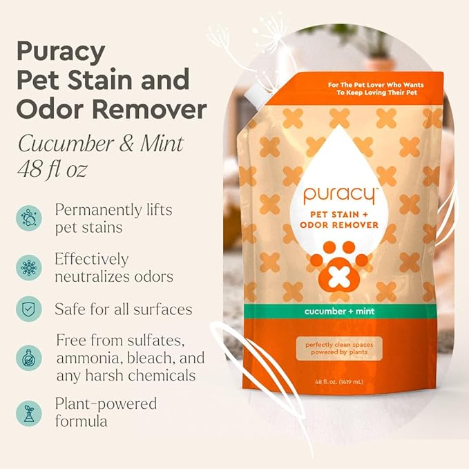 Puracy Pet Stain and Odor Remover - Enzyme Cleaner for Dog Urine and Poop Carpet - Cat Pee Enzyme Cleaner for Cat Urine - Cucumber & Mint, 48oz