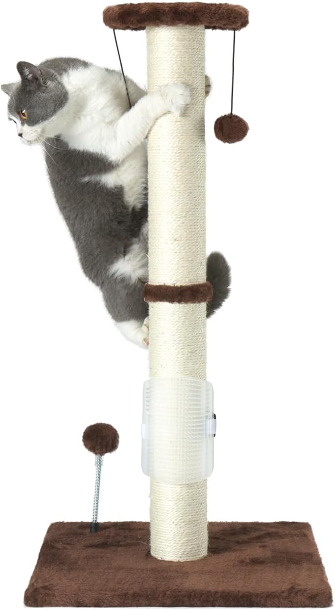PEEKAB 32" Tall Cat Scratching Post Sisal Rope Scratch Posts with Hanging Ball and Self-Massage Brush Vertical Scratcher for Indoor Cats and Kittens Brown 32inches