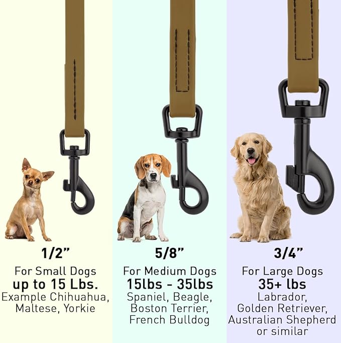 Dogline Biothane Waterproof Dog Leash Strong Coated Nylon Webbing with Black Hardware Odor-Proof Easy to Clean High Performance for Small or Large Dogs Made in USA 4 or 6 ft Lead, Coyote Brown
