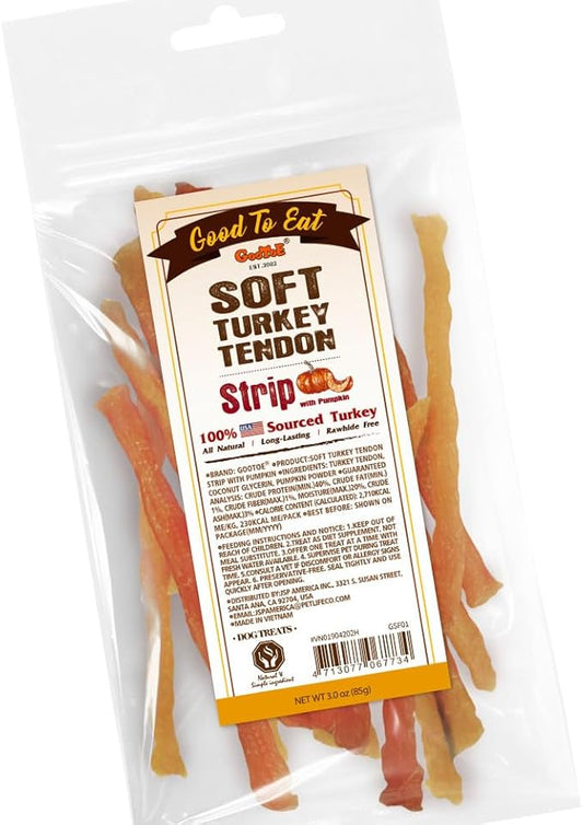 Gootoe Soft Turkey Tendon Stirip with Pumpkin 3oz, Chewy Snack, USA-Sourced Turkey Tendon, Premium Training Chews, Hypoallergenic, Reseal Value Bags, Ideal for Small & Senior Dogs