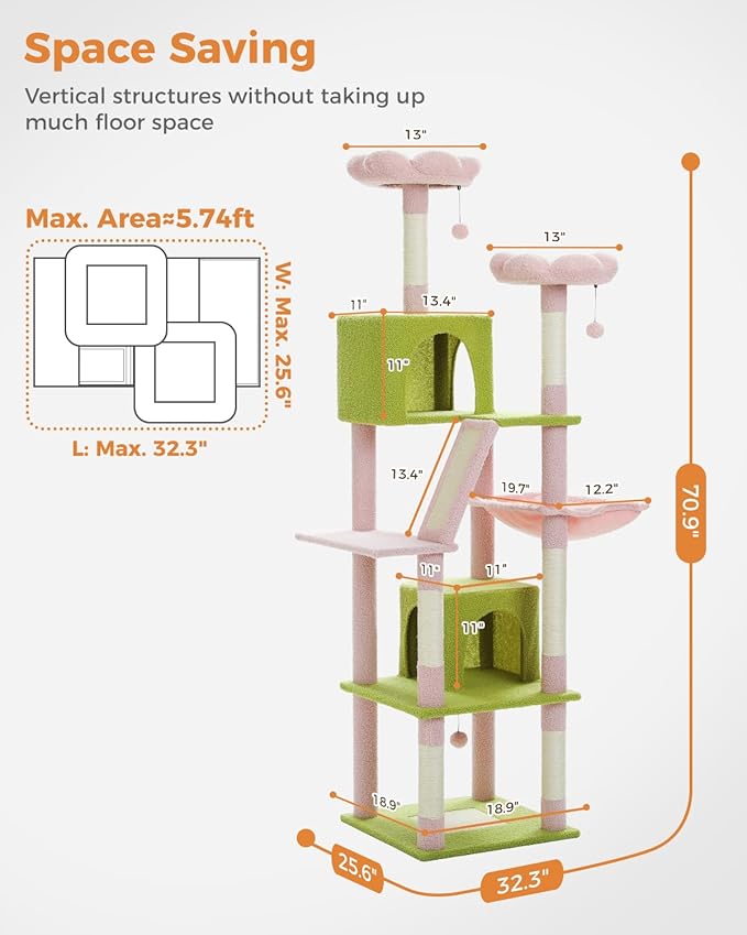 Flower Cat Tree, 70.9" Tall Tree for Indoor Cats, Large Tree for Large Cats, Multi-Level Tower with 6 Scratching Posts, 2 Condos, 2 Perches, Hammock, Pompoms, Pink