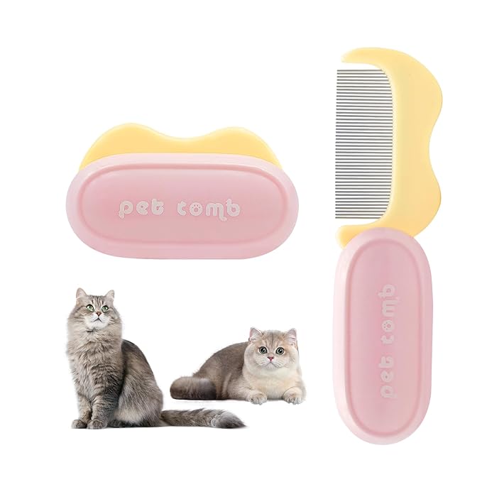 Foldable Cat Grooming Comb for Shedding and Face Care, Stainless Steel Brush for Tear Stains and Full-Body Hair, Portable ABS Handle for Cats and Small Dogs (pink‌ + yellow‌)