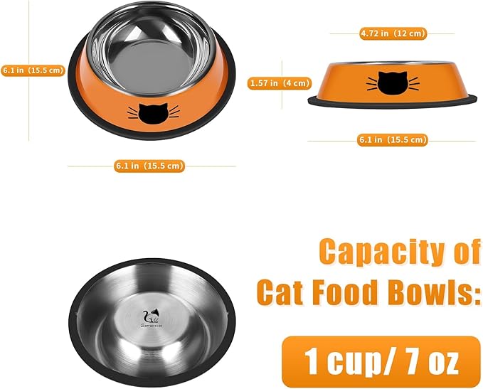 2 Pcs Non-Slip Stainless Steel Small Cat Food Bowls - Unbreakable, Thicken 7 Oz Cat Dishes - Indoor, Removable Rubber Base, Easily Clean, Lovely Color