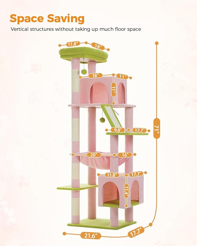 Pink 71" Tall Cat Tree for Large Cat 20 lbs with Super Large Hammock, Heavy Duty Cat Tower with 4 Sisal Scratching Posts & 2 Spacious Condos for Big Adult Cats Maine Coon -Green