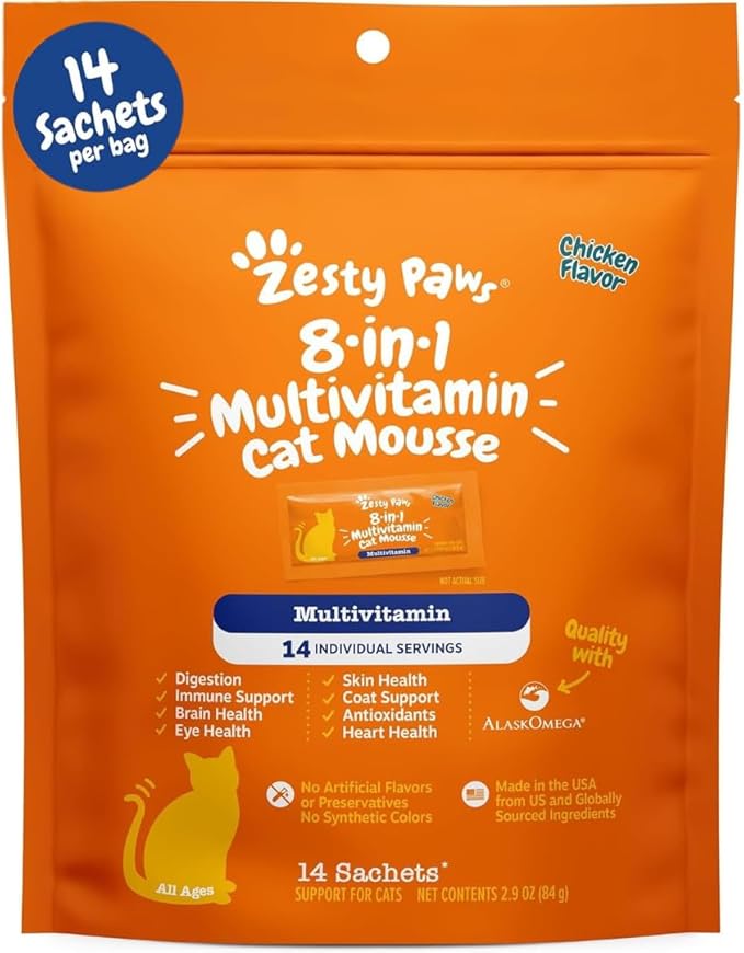 Zesty Paws 8-in-1 Multivitamin Cat Vitamins & Supplements Mousse - Cat Vitamins for Indoor Cats - Healthy Treat Squeeze Up for Gut, Immune, Heart, Skin & Coat Support - Chicken 14ct