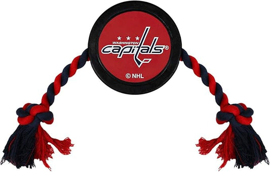 Pets First Tough Rubber Dog & Cat Puck Toy - NHL Washington Capitals Heavy-Duty Rope Tug for Dogs & Cats