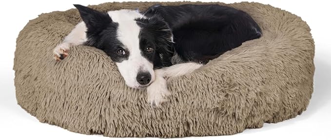 CAPHAUS 24/30 Inch Calming Donut Pet Bed for Small/Medium Cats and Dogs, Anti-Slip Bottom, Washable, Anti-Anxiety Fluffy Round Cat Bed, Indoor Shaggy Cuddler Cotton Candy Brown, Light Gray, Pink Bed