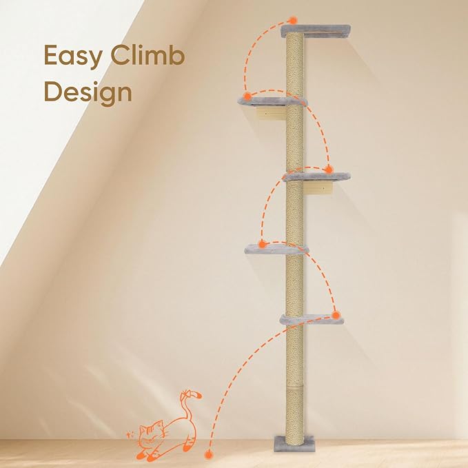 PAWSCRAT Wall-Mounted Cat Tree, 5 Tier Floor to Ceiling Cats Tower, 80 Inch Wall-Mounted Cat Scratching Post, Space Saving Cat Furniture and Easliy Climb for All Cats, Gery