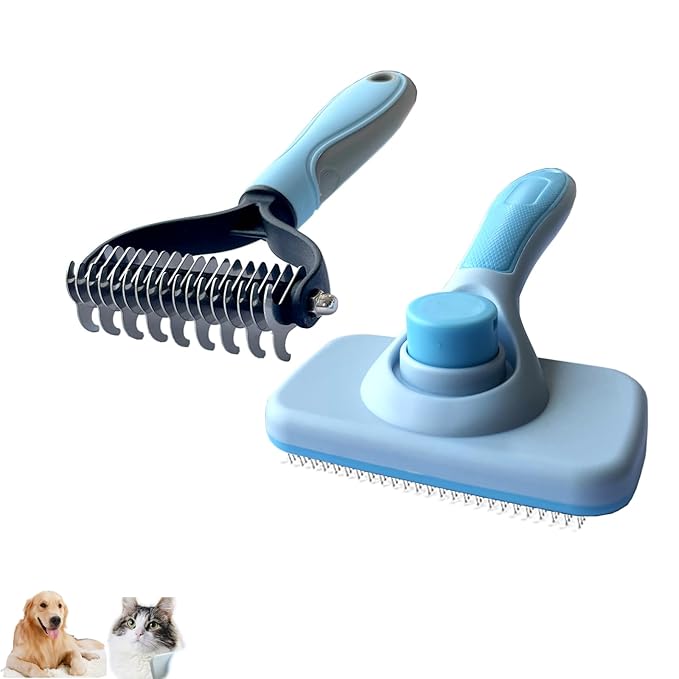 2PCS pet hair removal comb & Dog Brushes & cat brushes & Pet Grooming Rake & Bath Brush for Dogs,Cats and Horses | Skin Friendly Deshedding Grooming Tool & Double-Sided Dematting Tool (blue)