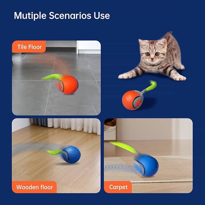 Interactive Cat Toy Ball for Indoor Cats, 2PCS Automatic Interactive Cat Ball Toys with 3 Tails Each Speedy Balls Rechargeable Motion Activated Cats Rolling Balls Toys to Keep Them Busy