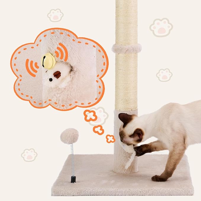 PAWSFANS Cat Scratching Post for Indoor Cats and Kittens,30inches Tall Sisal Scratch Posts with Four Hanging Ball Toys and Reinforce The Stable Base Beige
