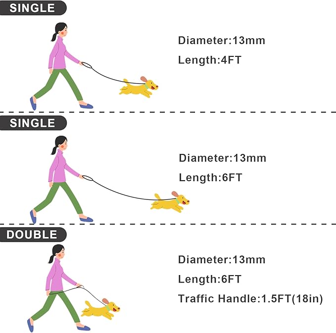 Rope Dog Leash with Two Handles, 6 Foot Heavy Duty Dog Leash with Aviation Aluminum Auto Locking Carabiner, Strong Nylon Pet Lead for Small, Medium, Large Dogs (Yellow, 6FT-Two Handle)