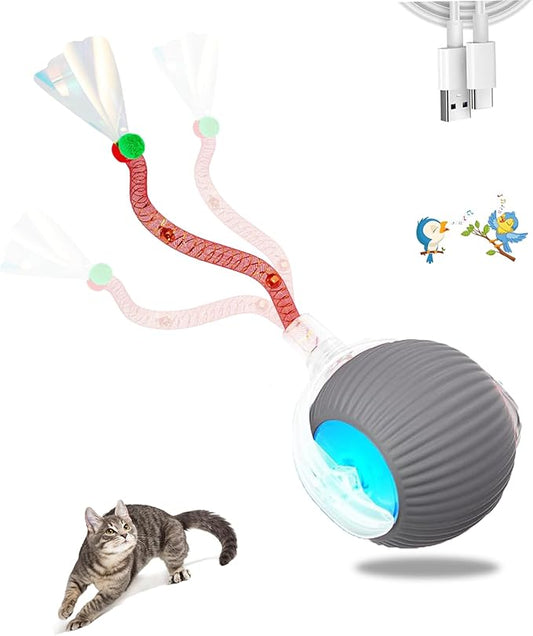 1PC Interactive Cat Toys for Indoor Cats,2025 New Generation Interactive Cat Ball Toy with Elastic Mesh Tail,Automatic Cat/Kitten Toys with Chirping & Motion Activate,Cat Toys for Bored Indoor,Gray