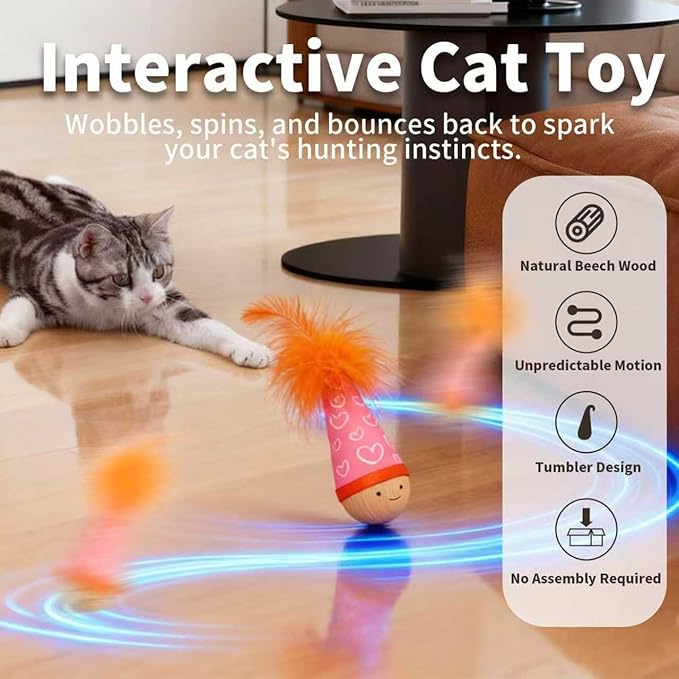 Lulu's world Wooden Interactive Cat Toy with Catnip - Nienie Tumbler Wobble Toy for Indoor Cats, Self-Righting Chaser with Wizard Hat & Stars (Purple)