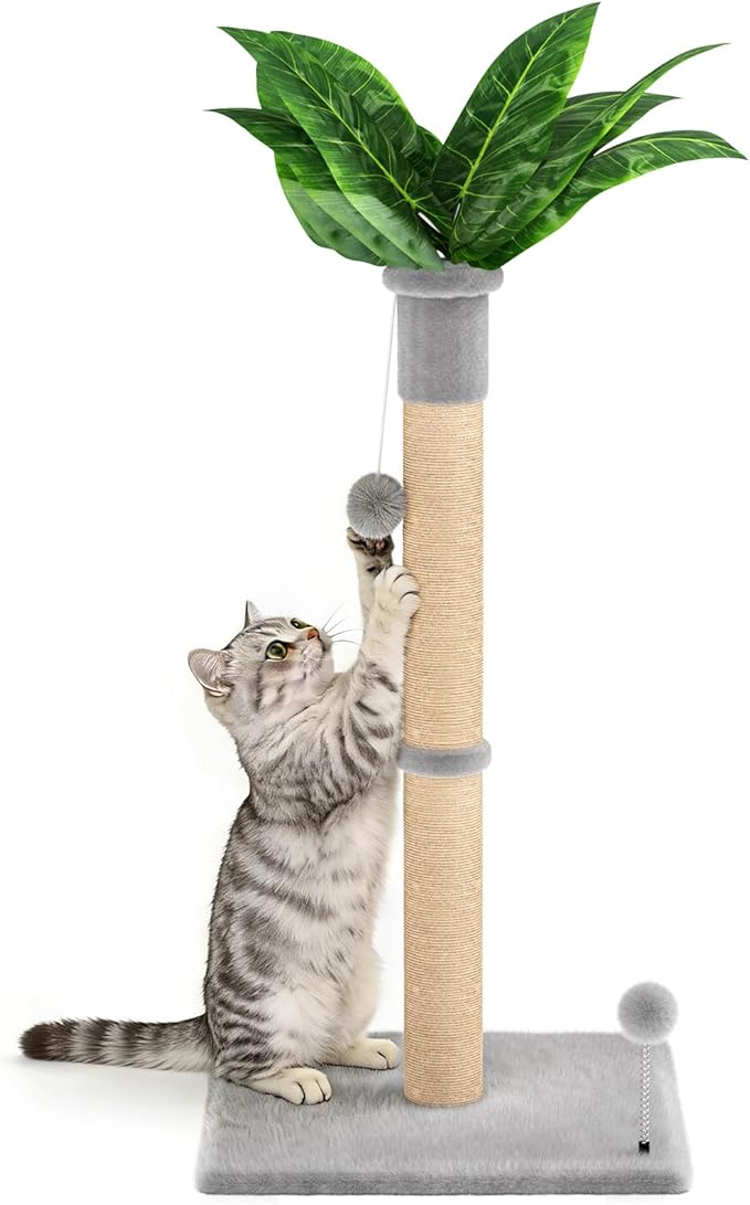 XiaZ Cat Scratching Post 34'' Tall, Heavy Duty Cat Tree Tower for Indoor Kitty with Extra Wide 15.8" Stable Base and 2 Toy Balls, Natural Sisal & Plush Fabric for Small, Medium Cats(Light Gray, 2.8in)