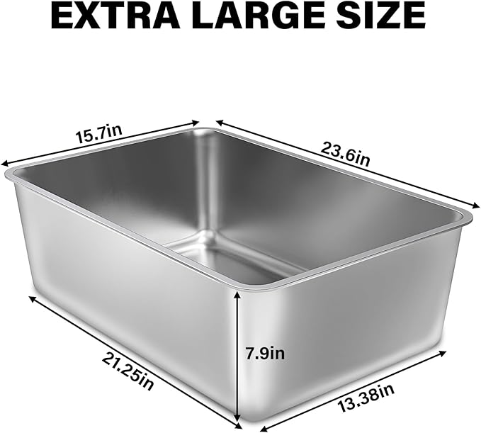 2 Pack Stainless Steel Cat Litter Box, 23.6"x15.8"x8" XXL Stainless Steel Litter Box 8 inch Deep, Extra Large Metal Litterbox for Big Cats, Non Stick Easy Clean Surface, High Sided