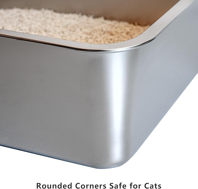 2-Pack XXL Stainless Steel Cat Litter Boxes, Includes Catnip Fish Toy & Wand Feather Toy Refill, Extra-Large Metal Litter Pans for Large Cats & Multi-Cat Homes, Pet Toilet Supplies for Kitten