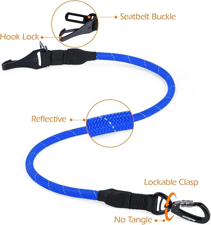 PetBonus Dog Seat Belt for Car, Durable Rope Dog Car Harness Seatbelt for Vehicle, Pet Tether Safety Restraint with Heavy Duty Buckle Hook Latch Lockable Clip for Small Medium Large Breeds (Blue)