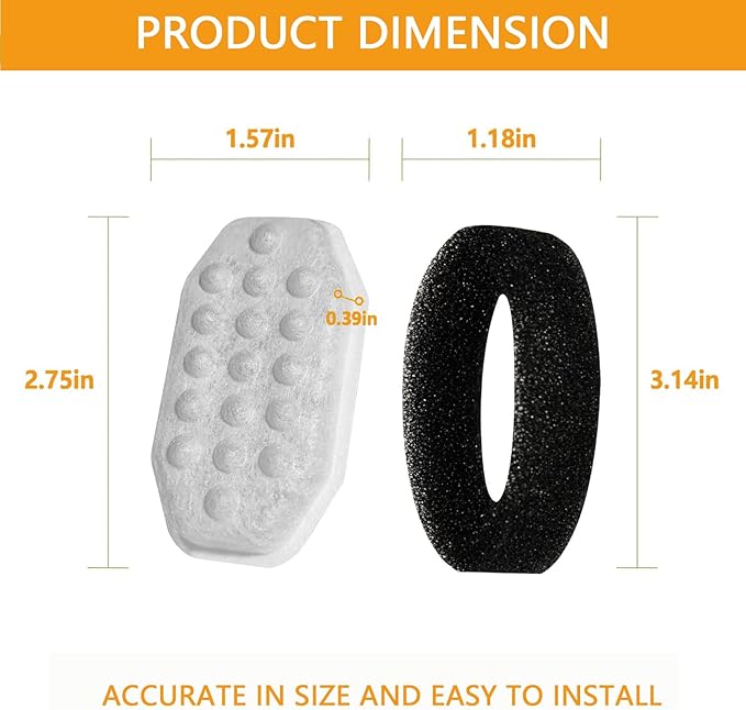 12Pack Cat Water Fountain Filters with 12 Pack Pre-Filter Sponges for 3.2L/108oz Stainless Steel Pet Water Fountain with Water Level Window