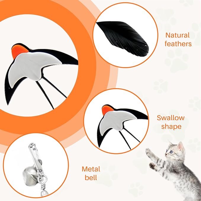 Walfront Interactive Cat Toy, Swallow Bird Cat Wand, Double-Head Suction Base, 2 Realistic Bird Attachments, for Indoor Cats, Kittens and Adult Cats, Self-Play Exercise, Active & Happy