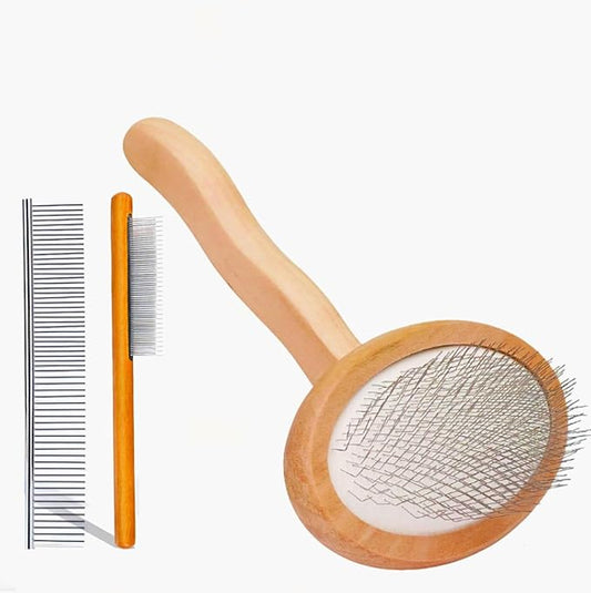3 Pcs Dog Slicker Brush for Shedding & Long Hair - Detangling Grooming Brush for Doodles, Poodles, Goldendoodles & Cats, Comb Set with Wooden Handle for Mats & Tangles