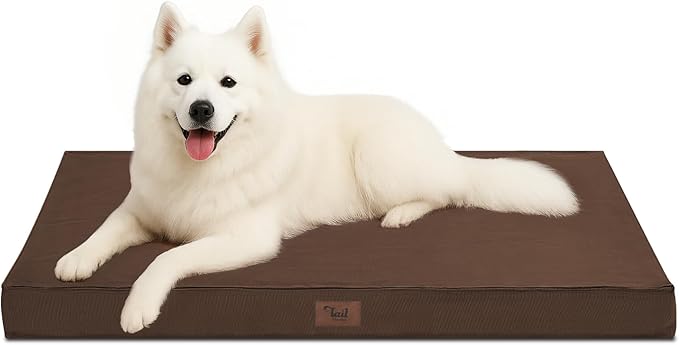 Outdoor Large Washable Dog Bed, Orthopedic Egg Crate Foam Dog Crate Mat for Large Dogs with Removable Oxford Cooling Cover, Brown