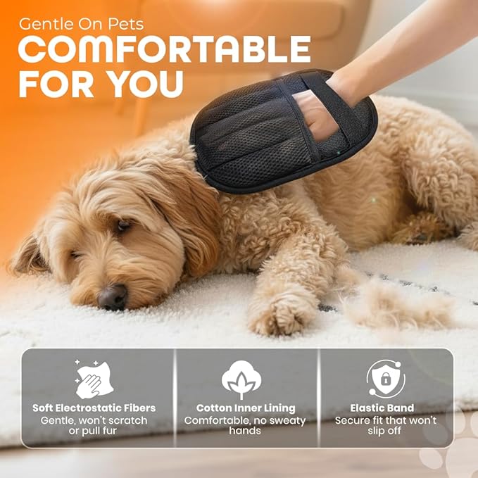 2 Pack Electrostatic Pet Hair Remover Glove with Cleaning Brush for Cats & Dogs, 2025 Upgraded Reusable 5-Finger Grooming Gloves – Magic Brush Tool for Furniture, Couch, Carpet, Car & Clothing (Black)