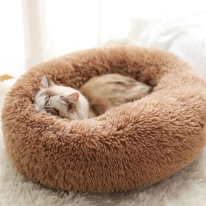 BODISEINT Faux Fur Dog Bed Cat Bed,Shag Round Anti-Anxiety Pet Calming Bed Doughnut Cuddler for Medium Large Puppy Dog Cat Kennel Cushion Self Warming Bed (28'' D x 8'' H, Coffee)