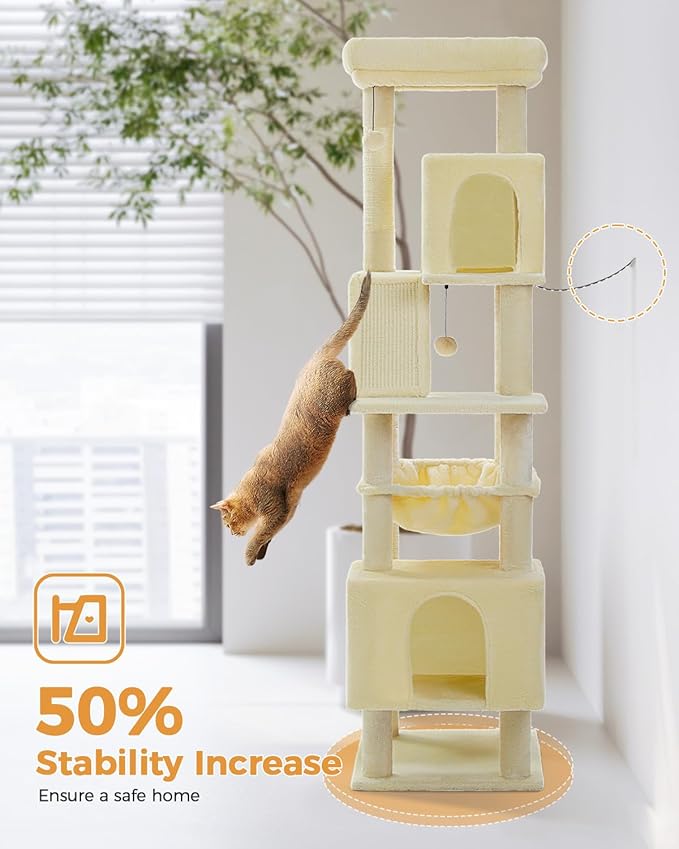 71" Tall Cat Tree for Large Cat 20 lbs with Super Large Hammock, Heavy Duty Cat Tower with 4 Sisal Scratching Posts & 2 Spacious Condos for Big Adult Cats Maine Coon-Beige
