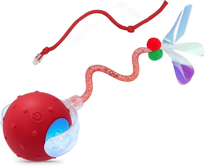 Interactive Cat Ball Toy, Chirping Motion Activated Electric Rechargeable Cat Toy with 2 Replaceable Tails, Self Play Hunting Rolling Indoor Cat Toys for Bored Adult Cats & Kittens - Boredom Busters