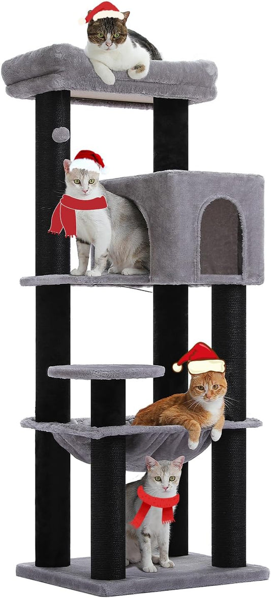 Large Cat Tree for Indoor Cats Large Adult, 57.8" Heavy Duty Cat Tower with Reinforced Scratching Posts (φ3.7in) and Plush Larger Hammock for Maine Coon & Big Cats, Supports 30lbs, Black