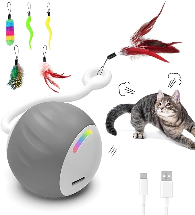 Interactive Cat Toy for Indoor (Sounds&Touch Control) Smart Cat Toys - Automatic Moving Cat Ball Toy - Fast Slow 2Speed with Feathers Tail&Lights for Kittens, Older Cats, Bored Cats, USB Rechargeable