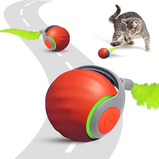 Interactive Cat Toy 2.0, Automatic Moving Cat Toys for Indoor Cats, Electric Rolling Pet Ball with Tail, Two Speed Adjustment, Pet Game Toy (Orange)