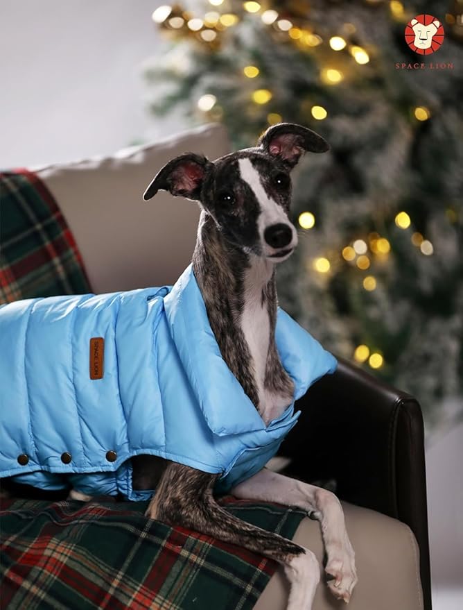 SPACE LION Dog Puffer Jacket, Down Winter Coat, Durable Outdoor Coat for Cold and Windy Conditions, Lightweight & Adjustable Fit Coats for Medium & Large Dogs, (Alaskan Blue, Size 16 Gift Box)