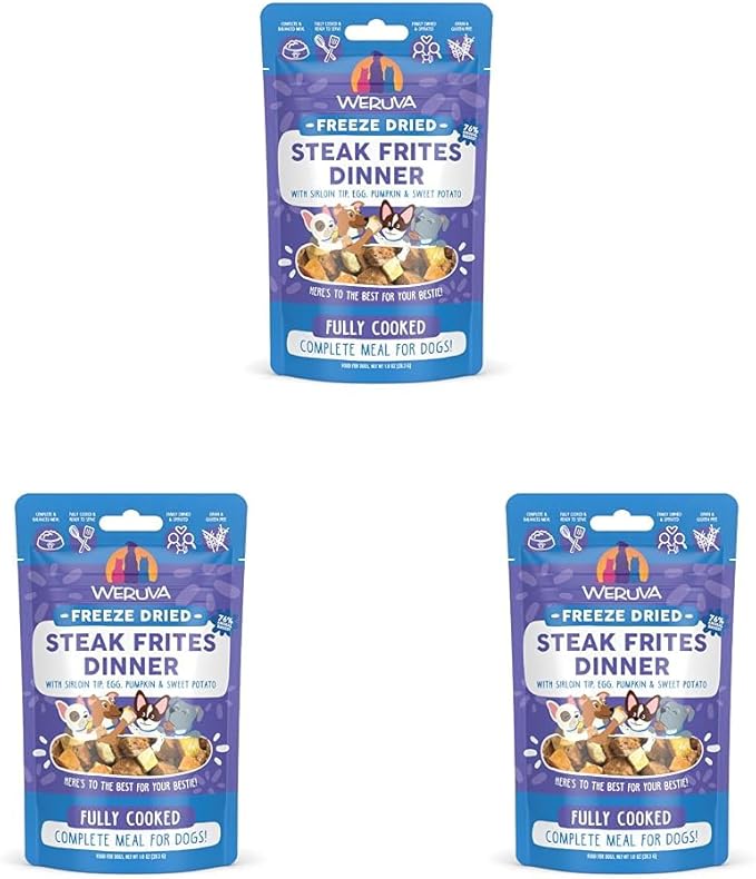 Weruva Dog Freeze Dried, Steak Frites Dinner with Sirloin Tip, Egg, Pumpkin & Sweet Potato, 1oz Bag (Pack of 3)