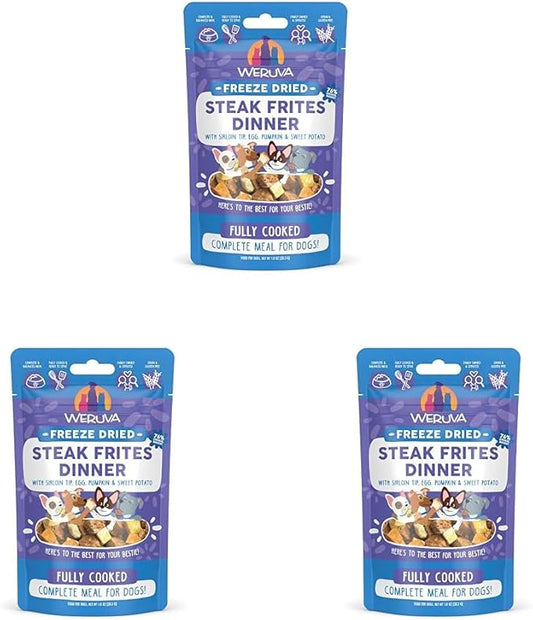 Weruva Dog Freeze Dried, Steak Frites Dinner with Sirloin Tip, Egg, Pumpkin & Sweet Potato, 1oz Bag (Pack of 3)