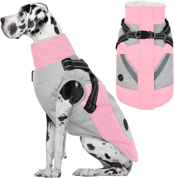 IECOii Large Dog Coat with Harness Built in,Reflective Waterproof Dog Coat for Giant Breeds - Zip Up Fleece Jacket for Dogs,Great Dane Winter Coats Warm Snowsuit for Cold Weather, Pink, 4XL