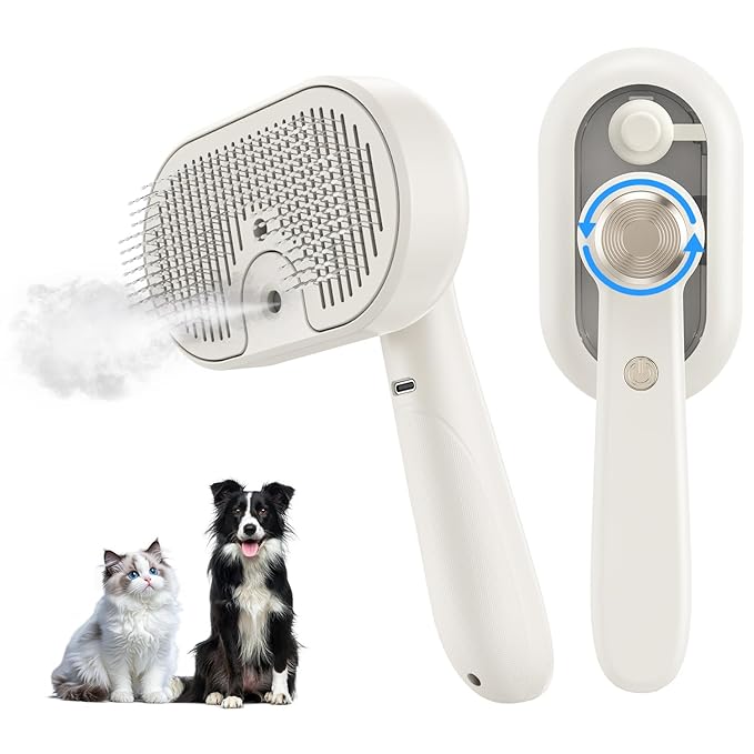 3 in 1 Cat Steam Brush, Dog Steam Brush for Shedding with Low-Noise Design, Pets Spray Hair Removal Comb for Long and Short Hair Pets, Stainless Steel Bristles, Cool Mist